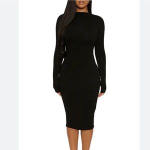 Naked Wardrobe M black high neck long sleeve fitted black dress